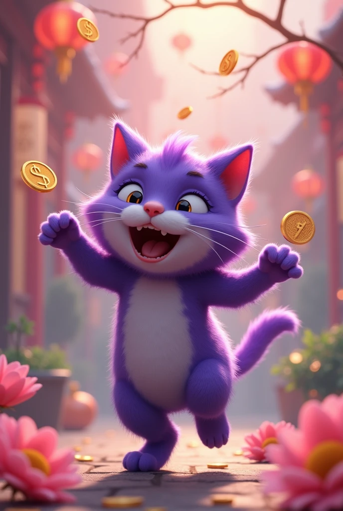 The talkative purple cat is happy and dancing. Talking will make you rich. It understands emotional communication background. Chinese style. When it opens, it will run out of money to communicate with other cats.
