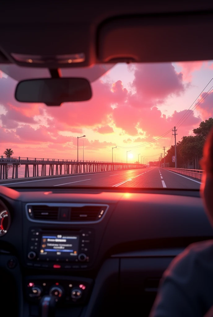 view from inside the car, in the back seat, passing by a street next to a pier with a sunset in shades of pink