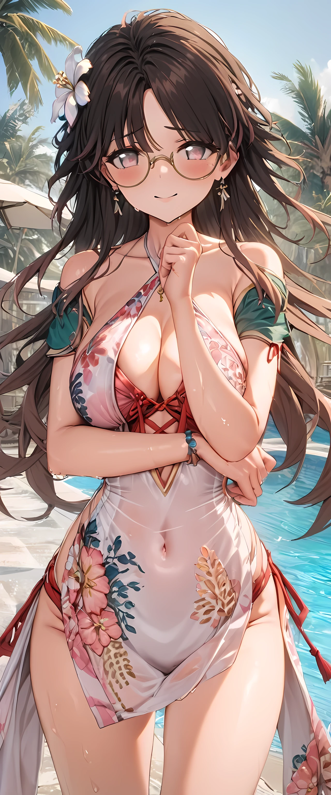 (masterpiece), best quality, expressive eyes, perfect face,1girl, brown hair, long hair, shy, glasses, zhezhi_\(wuthering_waves\), zhezhi,big breasts,sexy bikini,string bikini,criss-cross halter bikini,white and pink patterned bikini,(floral sarong),poolside,standing,blush,beach resort,legs crossed,sexy pose,(bare shoulders),smile,mouth open,looking at viewer,running towards viewer,wet,water,bare feet,hair flower,heel sandals,adjusting glasses,cowboy shot