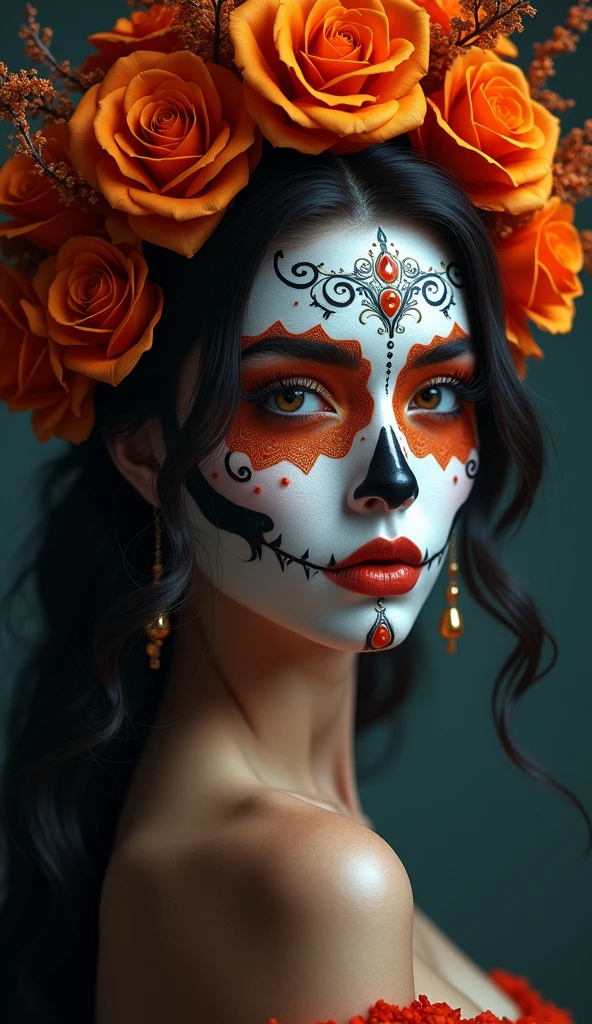 beautiful detailed eyes, beautiful detailed lips, extremely detailed eyes and face, thick eyebrows, portrait, girl with day of the dead makeup, dramatic lighting, dramatic pose, intricate headdress, vibrant colors, cinematic composition, digital painting, hyper detailed, artstation, award winning, masterpiece