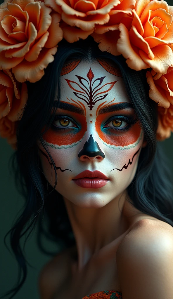 beautiful detailed eyes, beautiful detailed lips, extremely detailed eyes and face, thick eyebrows, portrait, girl with day of the dead makeup, dramatic lighting, dramatic pose, intricate headdress, vibrant colors, cinematic composition, digital painting, hyper detailed, artstation, award winning, masterpiece