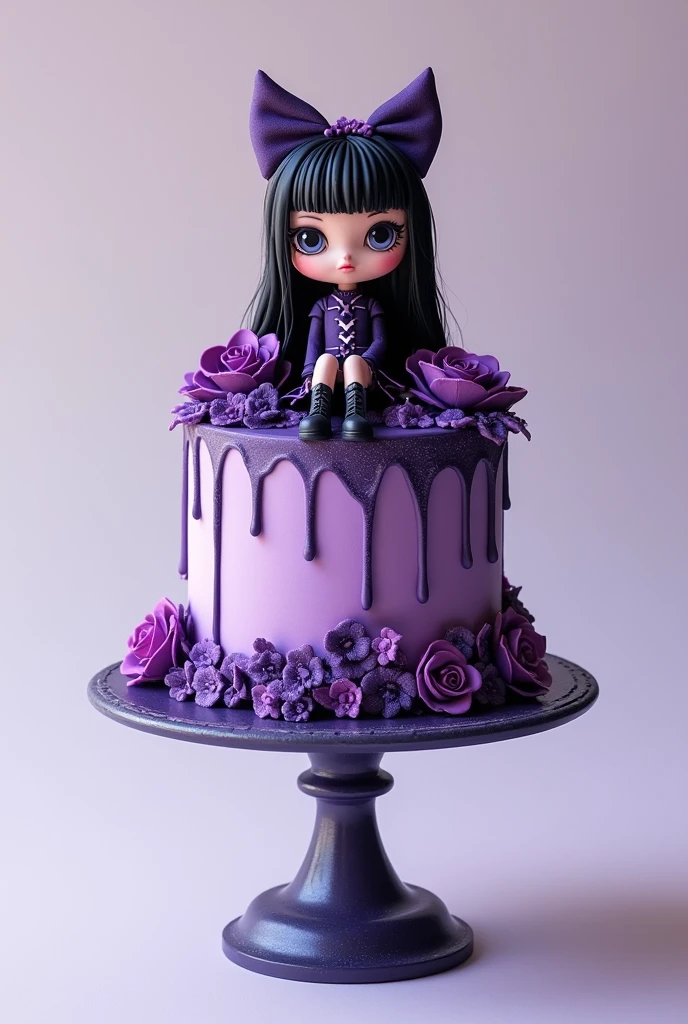 A two-tier cake separated by a base, The purple decoration and the Kuromi doll
