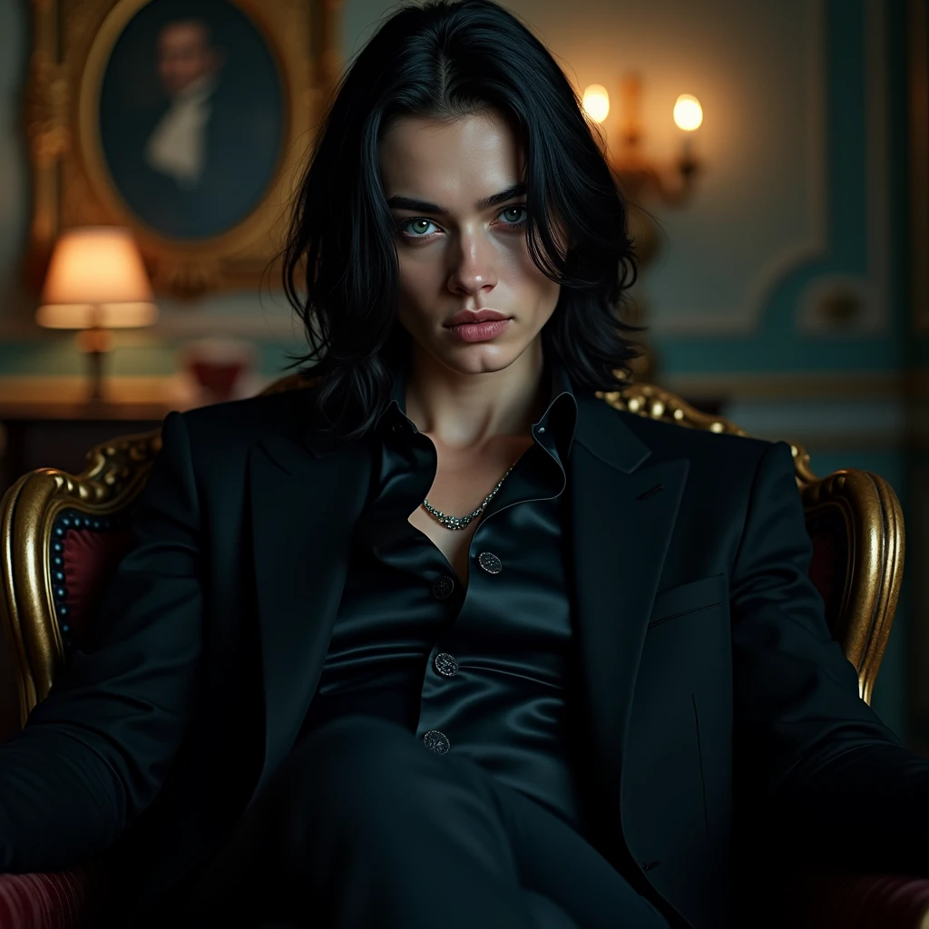 long black hair, teal blue eyes, long lashes, white and pale skin. smooth. (((masterpiece))) male. Young male. sexy. No facial hair or body hair. Delicate and pretty facial features. He's a young, sexy mafia boss. Crossing legs and sitting on his chair. People are obeying him. He's a mafia boss. Sexy and shiny Gothic clothes. Young attractive male.