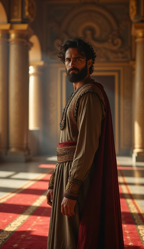 A realistic cinematic photo, Daniel from the Bible in Babylon. calm, palace, kingdom. peace, divine protection. dark