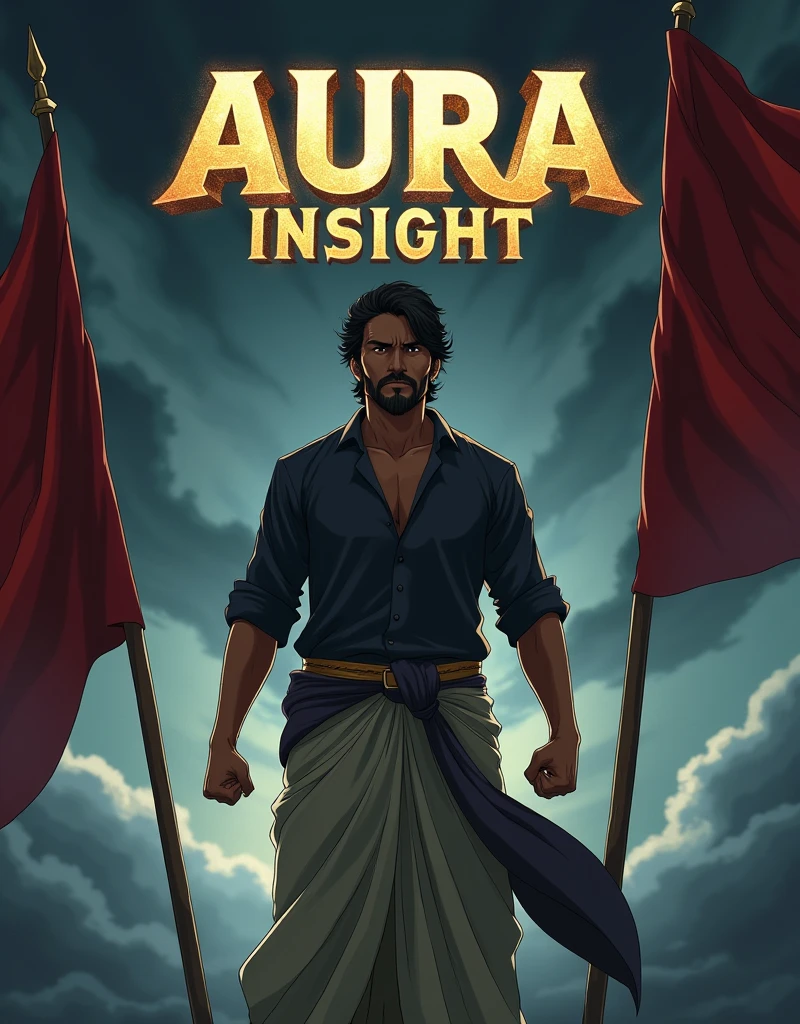 Create a anime style landscape image. Dramatic movie poster featuring a central male figure standing in a powerful pose with his fists clenched. The man has a medium skin tone and is dressed in traditional attire, including a dark shirt and a light-colored dhoti. The background is dark and stormy, with ominous clouds and two red flags flanking the figure. The text at the top is in a stylized font, colored in a gradient of gold and white, and written. The CAPITAL FONT text '((AURA INSIGHT))'. The overall tone of the poster is intense and heroic, with a focus on the central character's strength and determination.