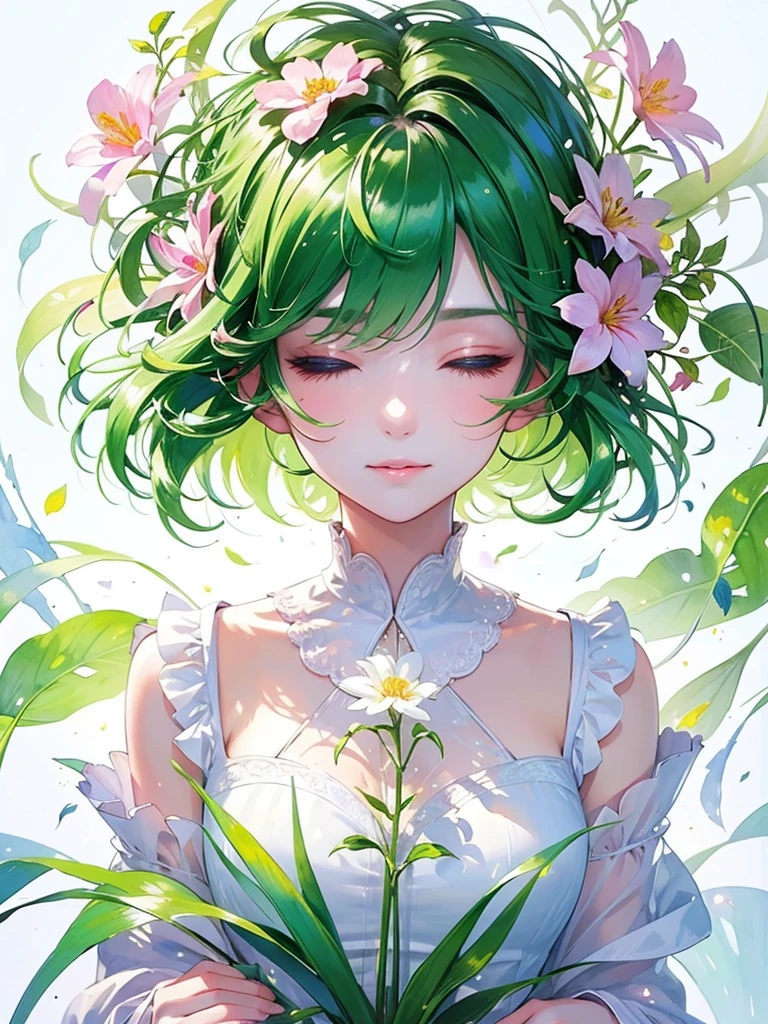 (masterpiece、Highest quality、Highest quality、Beautiful and beautiful:1.2)、Excellent anatomy、（Watercolor painting 1.5）、Long Shot、Straight short hair picture、Trendy Hair Color, Beautiful Face、I close my eyes and pray, Fairy, 蝶のFairyのコスチューム、Pure white、Pure、charm, Colorful flowers of various colors, Flowers and leaves green wind、Botanical Art, Mr.々A pose