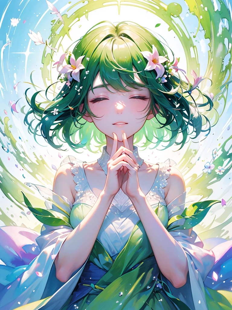 (masterpiece、Highest quality、Highest quality、Beautiful and beautiful:1.2)、Excellent anatomy、(Watercolor painting 1.5)、Long Shot、Straight short hair picture、Trendy Hair Color, Beautiful Face、I close my eyes and pray, Fairy, 蝶のFairyのコスチューム、Pure white、Pure、charm, Colorful flowers of various colors, Flowers and leaves green wind、Botanical Art, Mr.々A pose