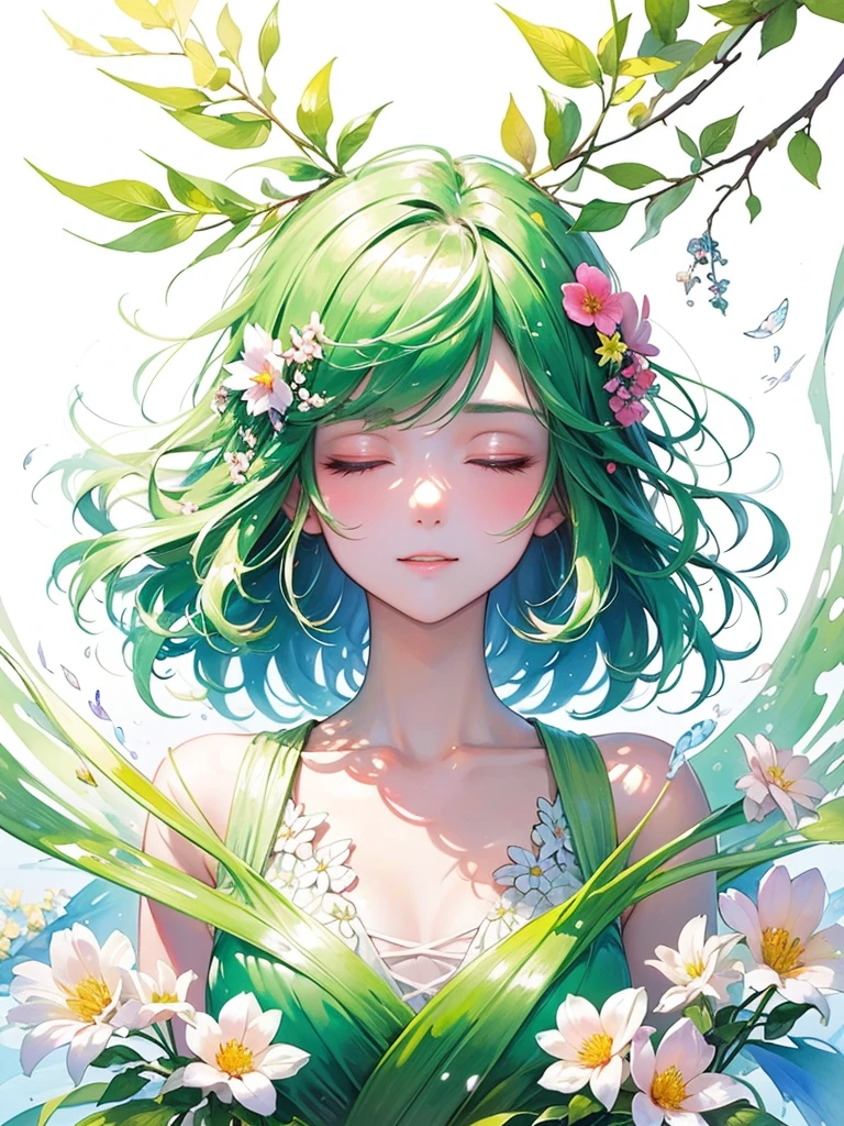 (masterpiece、Highest quality、Highest quality、Beautiful and beautiful:1.2)、Excellent anatomy、(Watercolor painting 1.5)、Long Shot、Straight short hair picture、Trendy Hair Color, Beautiful Face、I close my eyes and pray, Fairy, 蝶のFairyのコスチューム、Pure white、Pure、charm, Colorful flowers of various colors, Flowers and leaves green wind、Botanical Art, Mr.々A pose
