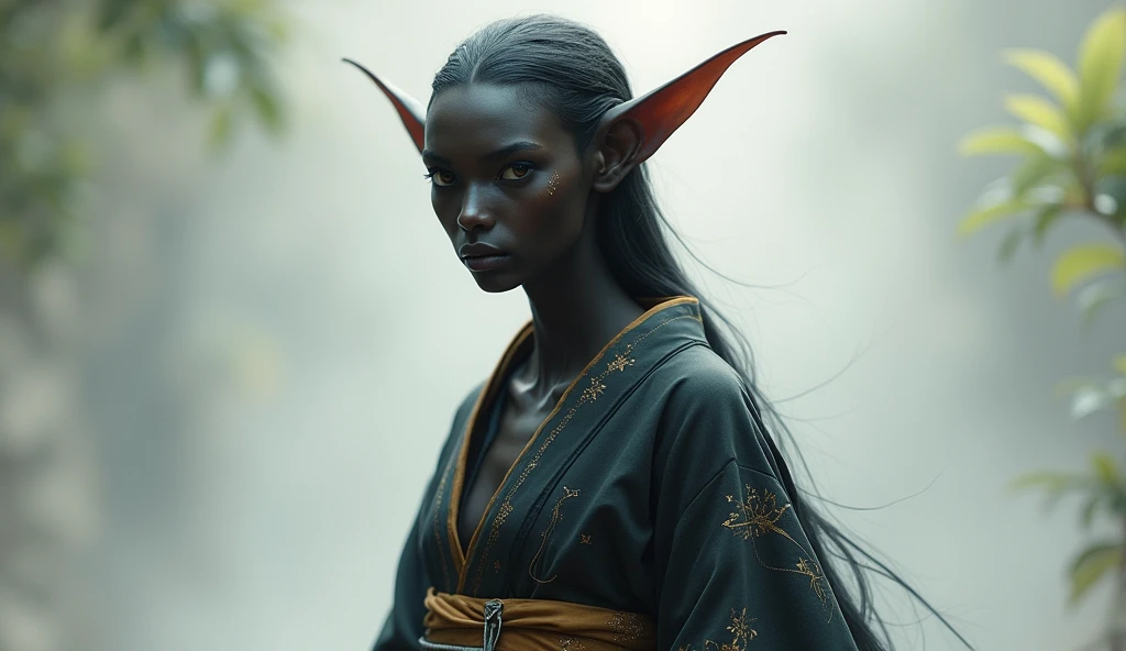 a black-skinned elf wearing a yukata, masterpiece, full body.