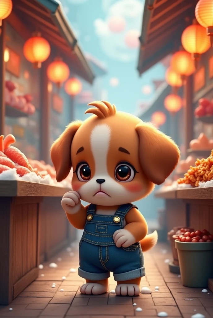 {
  "size": "1024x1792",
  "prompt": "The small brown and white puppy, still standing on its hind legs in the bustling squid shop, reaches into its denim overalls pocket and pulls out an empty hand. The puppy's expression shifts to one of sadness and disappointment, realizing it has no money. The vibrant surroundings of the shop, with fresh squid on ice and hanging lanterns, contrast with the puppy's downcast mood. The image is 9:16, focusing on the puppy's sad face and empty hand amidst the liv