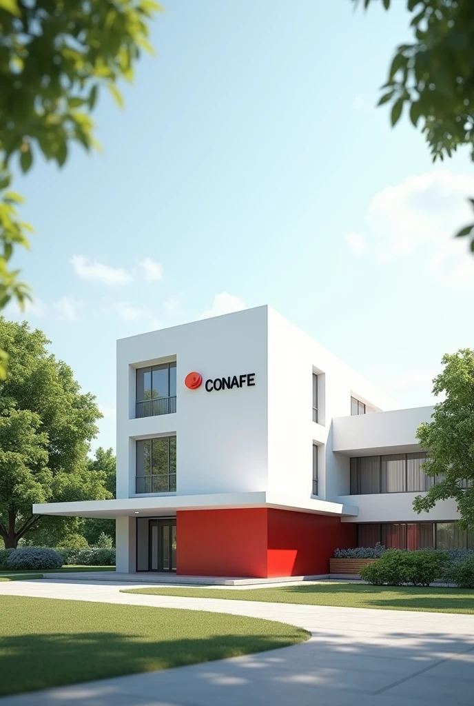 a white school with a red line at the bottom and the Conafe logo