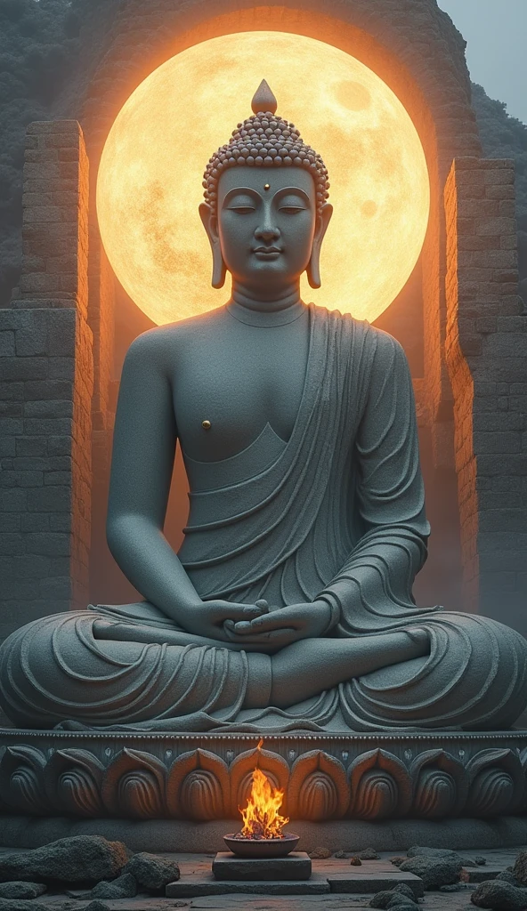 Create an image of a large Buddha statue representing the Tathagata (Suchness) or Buddha of Great Enlightenment, designed in an ancient stone style. The statue should be depicted with natural stone textures and colors, showcasing a range of hues to highlight different parts of the statue, while maintaining a classic and timeless aesthetic. Ensure that the statue appears monumental and detailed, with intricate carvings and textures. Include a large, radiant halo or aura behind the statue to emphasize its divine and spiritual presence. The overall tone should be mysterious and reverent, with a classic color palette that reflects the natural beauty of stone.





