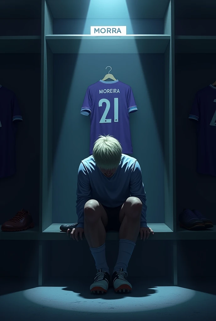 Make an image of ONE player tying his boots alone, with lights completely obscuring his face and him with short, light blonde hair, the locker room is dark and the spotlights are shining on him and the Galados City team, uniform in white and purple colors and I want you to put a shirt behind and on top of it with the number 21 and the name MOREIRA. Make your surroundings completely dark. LET HIM keep his head completely down and focused, and I just want 1 shirt behind him. put the team name on a sign above the shirt and below the spotlight.
