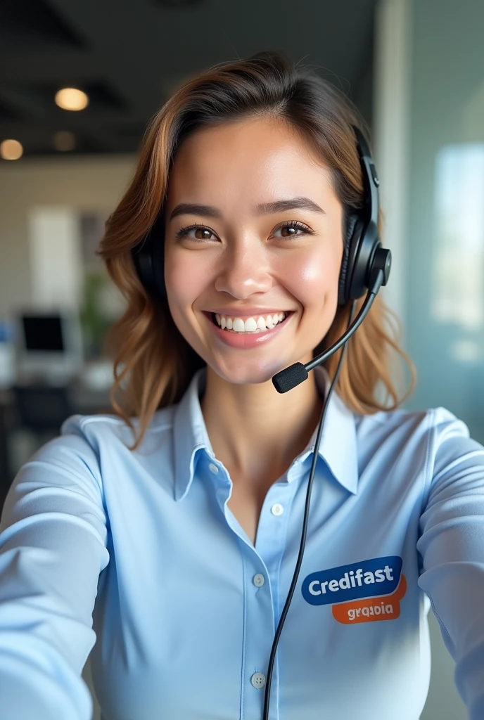 A sales consultant taking a selfie using a headset with a microphone wearing a shirt with the name of his company: “Credifast”.