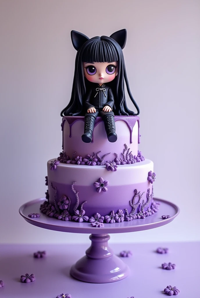 A two-tier cake separated by a base, The purple decoration and the Kuromi doll
