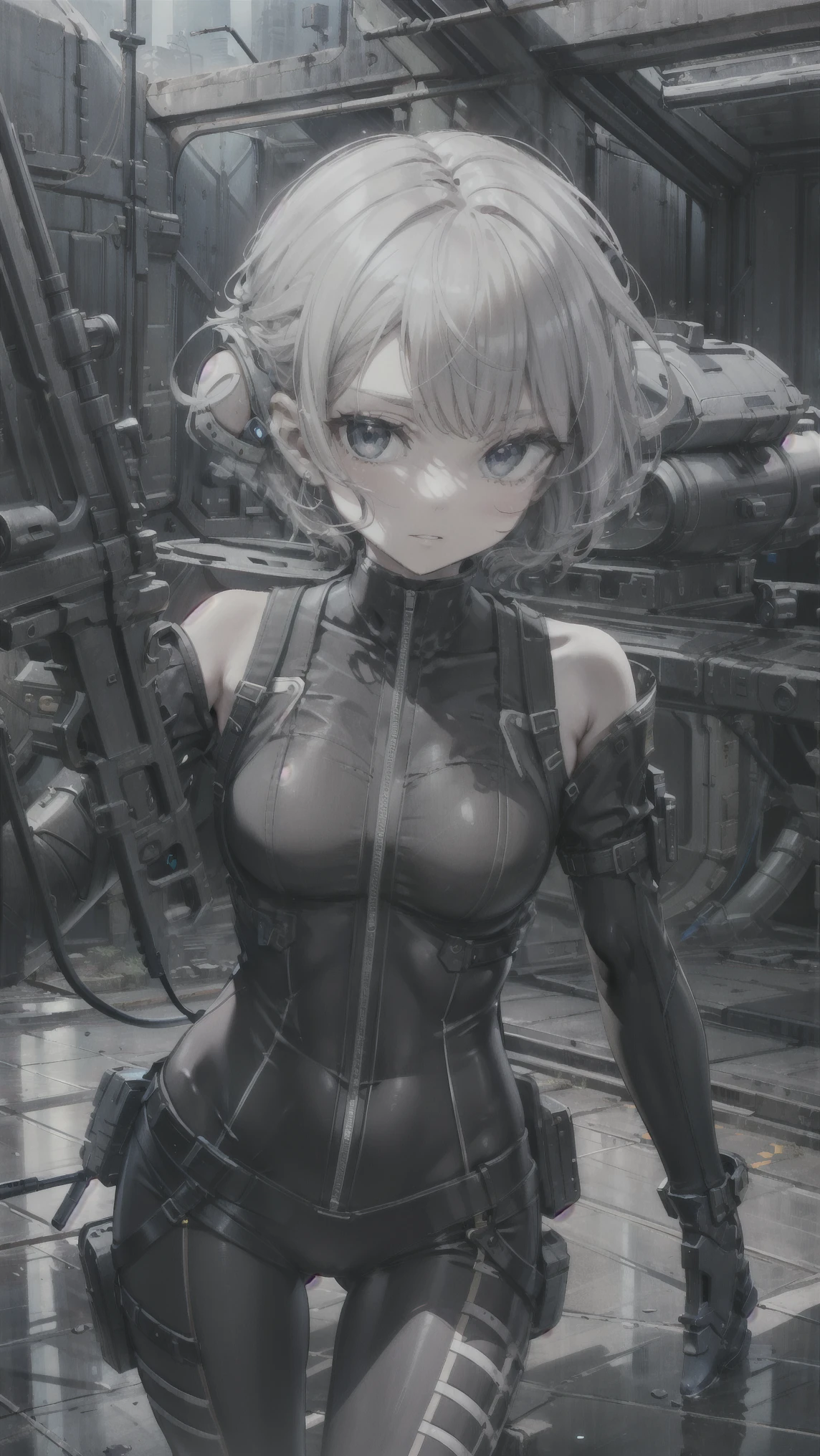 ((masterpiece)), ((best quality)), perfect detailed eyes, perfect detailed face, white hair, ribbon, (black bodysuit), ((armed shoulders)), armed arms:1.2, sci-fi movie warrior, shiny costume, Cute girl, detailed face, fine details, diffused reflection of light behind, assault rifle, holding rifle