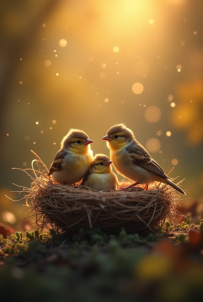 (masterpiece:1.2,Exceptional Quality,mirror-like,cinematic experience),8k,wallpaper,(Happy sparrow family),(Nesting),(Particles of light),(Warm Light)