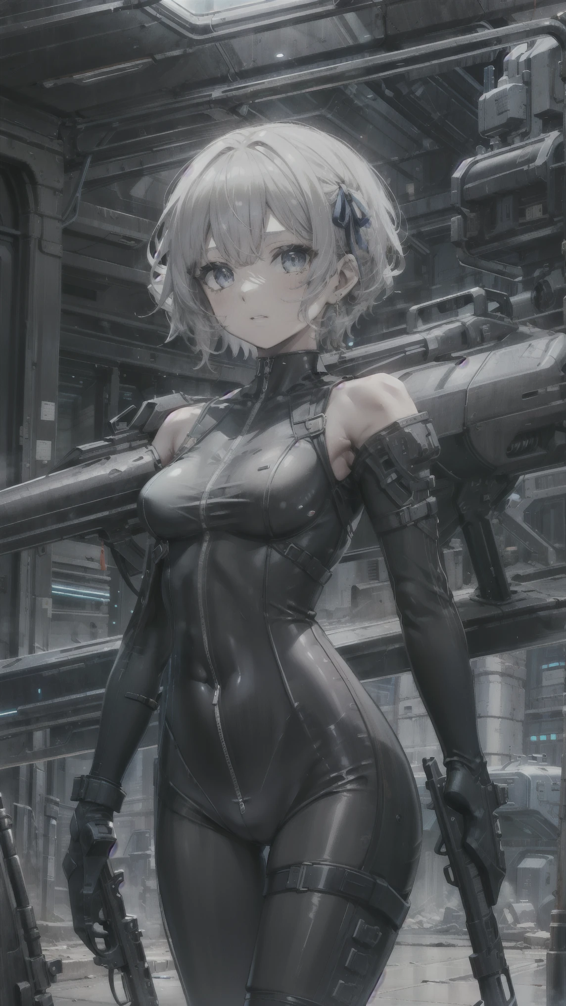 ((masterpiece)), ((best quality)), perfect detailed eyes, perfect detailed face, white hair, ribbon, (black bodysuit), ((armed shoulders)), armed arms:1.2, sci-fi movie warrior, shiny costume, Cute girl, detailed face, fine details, diffused reflection of light behind, assault rifle, holding rifle