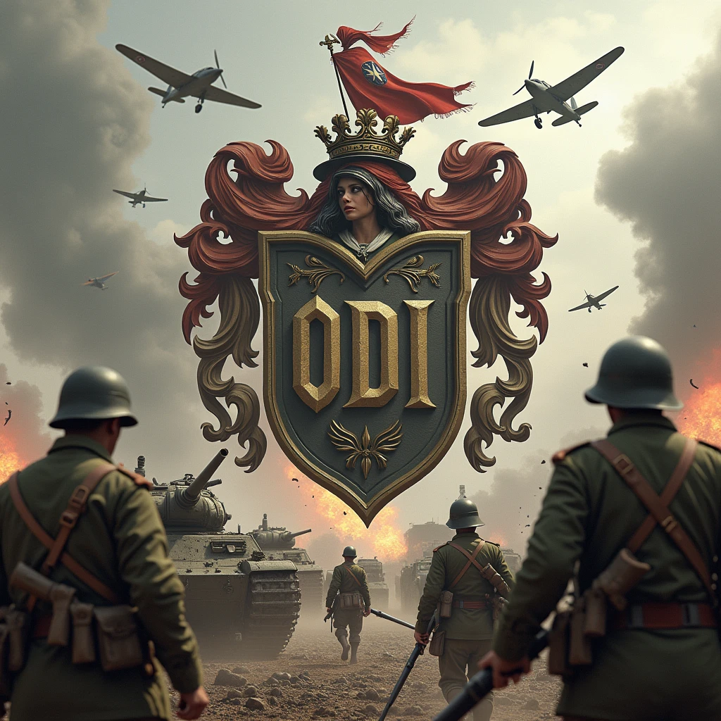 Coat of arms with the word ODI in capital letters, in the middle of a battle of the first world war, where there are tanks, planes, horses, explosions and blood
