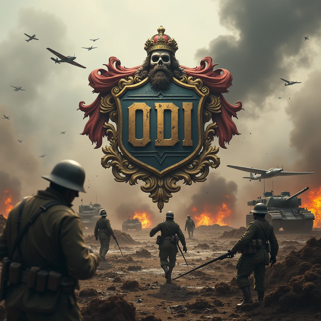 Coat of arms with the word ODI in capital letters, in the middle of a battle of the first world war, where there are tanks, planes, horses, explosions and blood