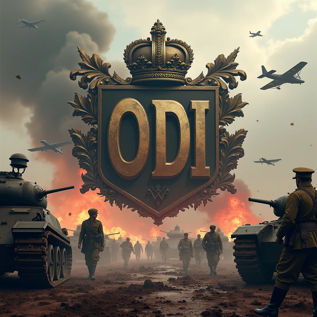 Coat of arms with the word ODI in capital letters, in the middle of a battle of the first world war, where there are tanks, planes, horses, explosions and blood