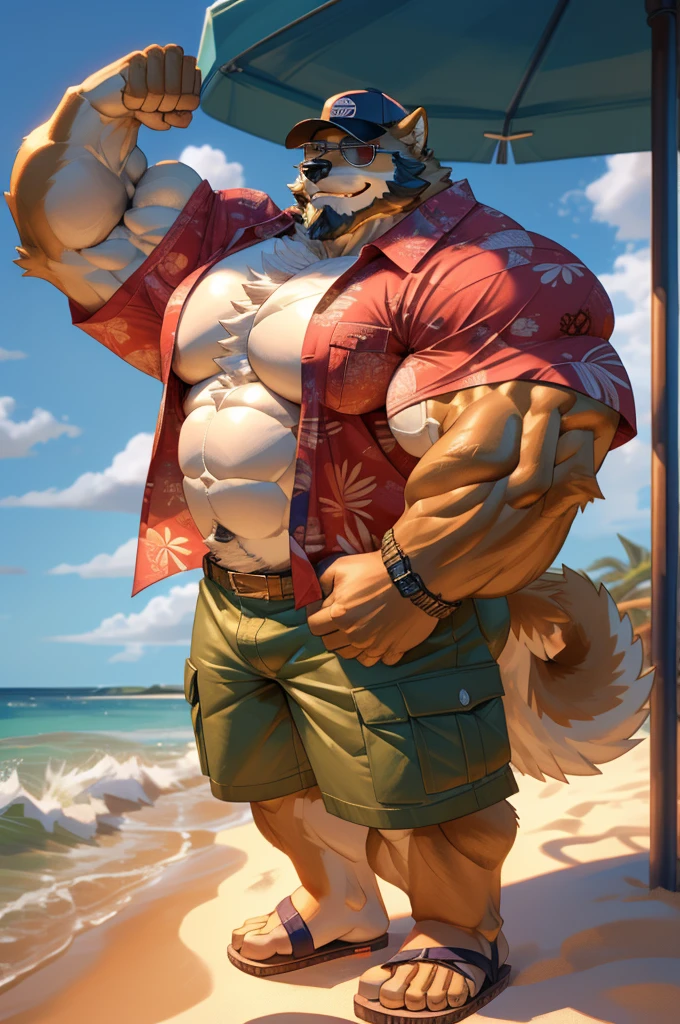 1boy, 1man, solo, a (furry Shiba Inu) standing, flexing muscle,,(face, detailed face, bearded, white beard, thick mustache), (sunglasses, sandals, baseball hat), beach, extremely huge muscular, massive muscular , sixpack , (Hawaiian shirts, cargo shorts), well-muscled old man. ((extremely muscle size, super thick arms, huge pec, hyper pec, bigger chest, extremely wide pectoral , huge arms)), wide smiling. Add textures and details to make the image more realistic, such as the appearance of the. Make sure the resulting image is high resolution, 8K quality