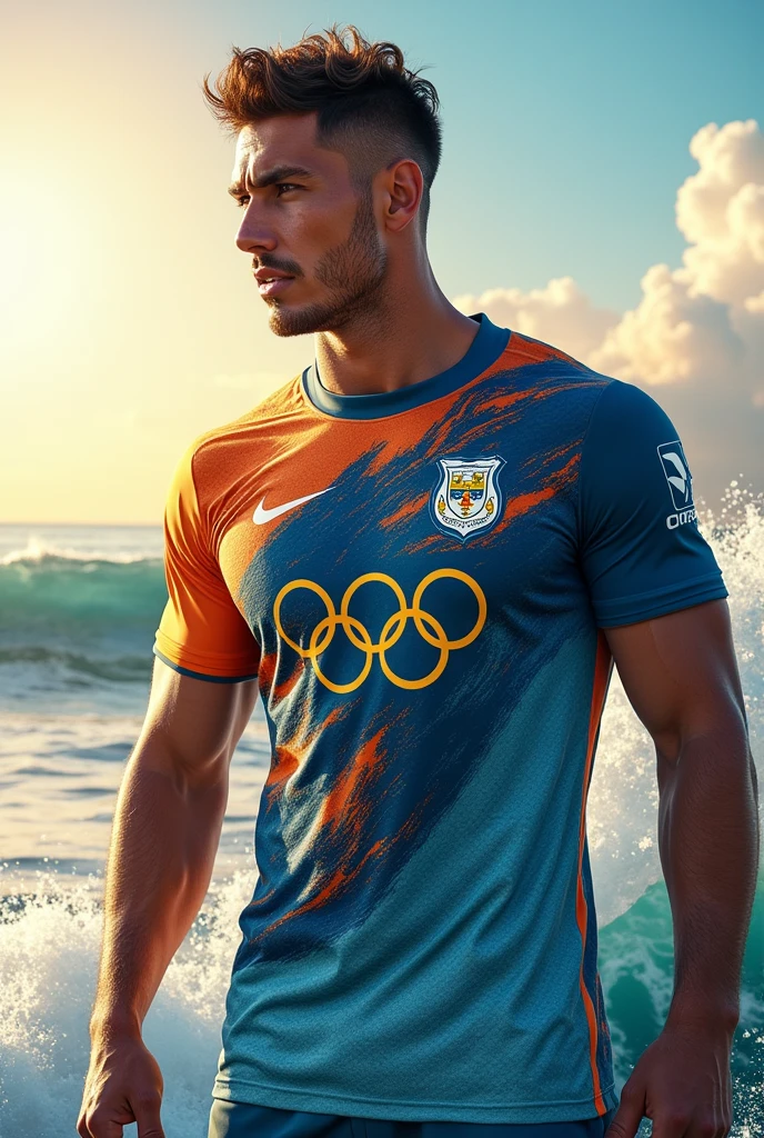 Create a surf-themed football shirt with an Olympic logo