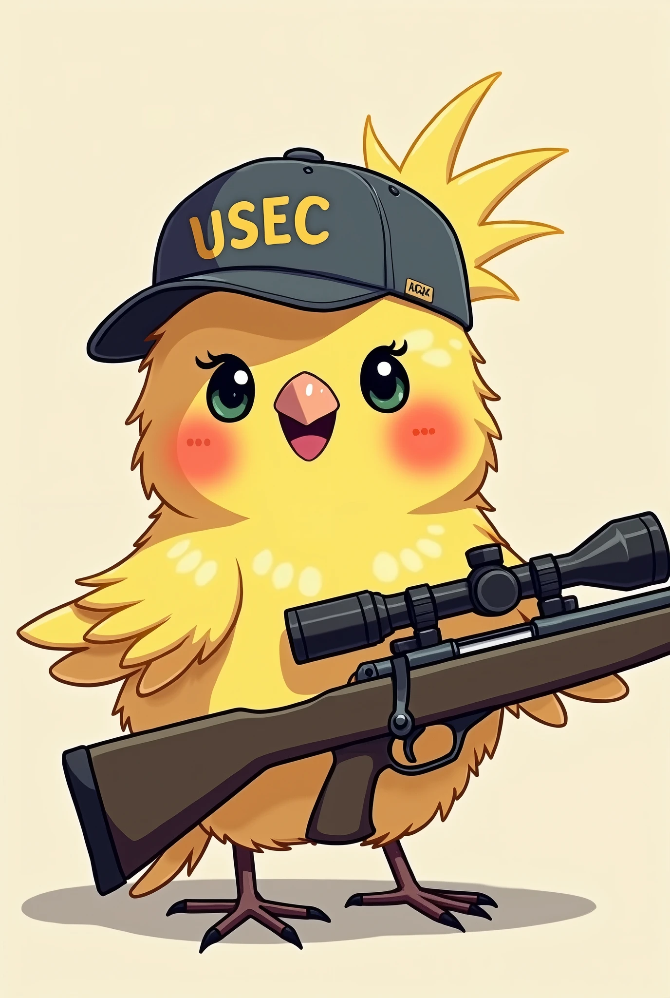 Simple hand drawing image, fullcolor, menos realista. A cute cockatiel, wearing a USEC cap from the game Escape from Tarkov, with a sniper rifle