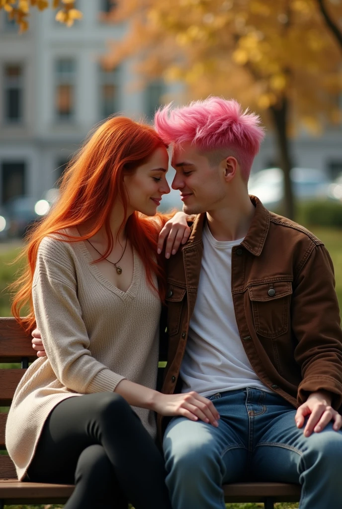 Redhead woman with her boyfriend with pink hair,sitting on a bench,looking at camera