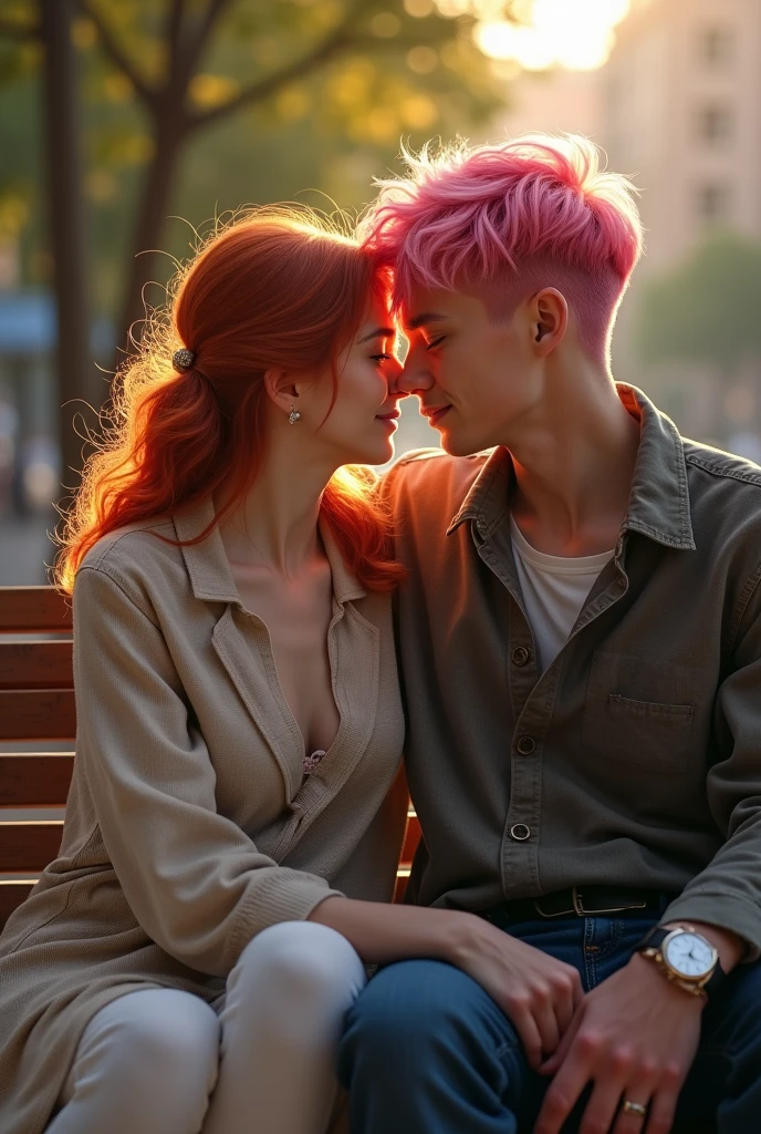 Redhead woman with her boyfriend with pink hair,sitting on a bench,looking at camera