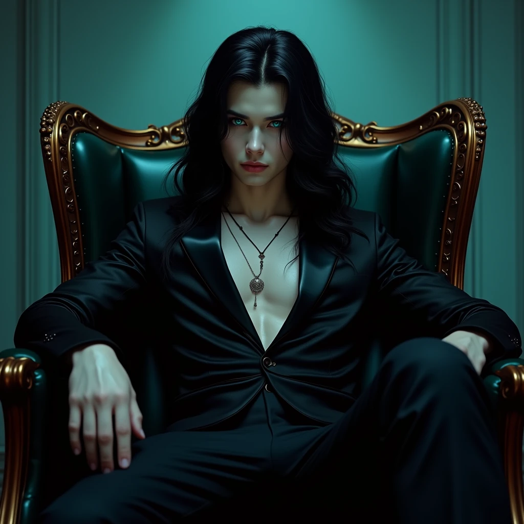 long black hair, teal blue eyes, long lashes, white and pale skin. smooth. (((masterpiece))) male. Young male. sexy. No facial hair or body hair. Delicate and pretty facial features. He's a young, sexy mafia boss. Crossing legs and sitting on his chair. People are obeying him. He's a mafia boss. Sexy and shiny Gothic clothes. Young attractive male. (((Bottom angle)