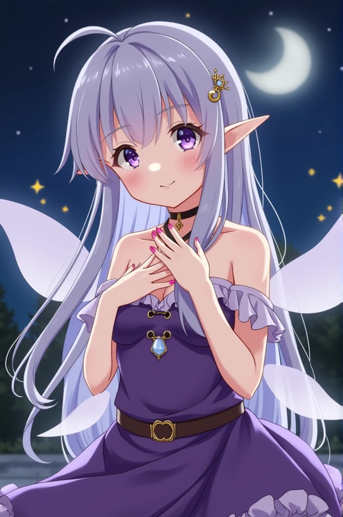 1girl, solo, breasts, looking at viewer, smile, hair ornament, dress, cleavage, bare shoulders, jewelry, medium breasts, closed mouth, purple eyes, collarbone, cowboy shot, earrings, outdoors, frills, detached sleeves, wings, sky, pointy ears, hairclip, belt, nail polish, strapless, tattoo, makeup, night, piercing, moon, frilled dress, ear piercing, strapless dress, purple dress, fairy wings, hands on own chest, fairy