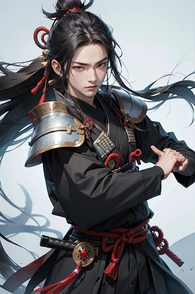 cool, samurai, boy, long hair, samurai outfit, fighting, armor, light hair, watercolor ink style,