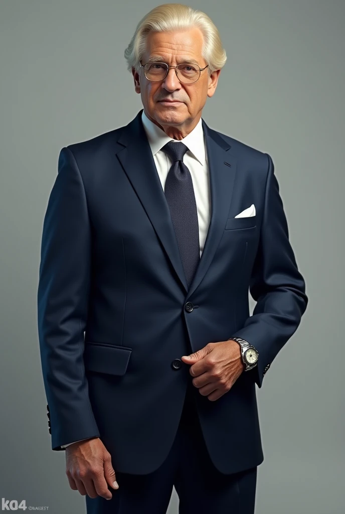 ((best quality,4k,highres,masterpiece:1.2)), ((1 middle age male, Jewish, age 56)), Jewish characteristic, a successful media magnate, is known not only for his business acumen but also for his indomitable charm and lady-killer persona, His body language is commanding and full of confidence, always suggesting a strategic mind, ((stands out with his blonde wig and tanned skin)),  (((wearing a custom-tailored navy blue suit,  matching navy tie, a Rolex watch))), Known for his womanizing ways, he carries an aura of a seasoned seducer. ((intricate detail)), super finely detailed hands, ultra finely detailed fingers(((ten fingers))), (standing confidently), (((full body showcase))), (show full body), (no logos on background), (no logo), ((plain background)), ((plain background)), (((empty background))).