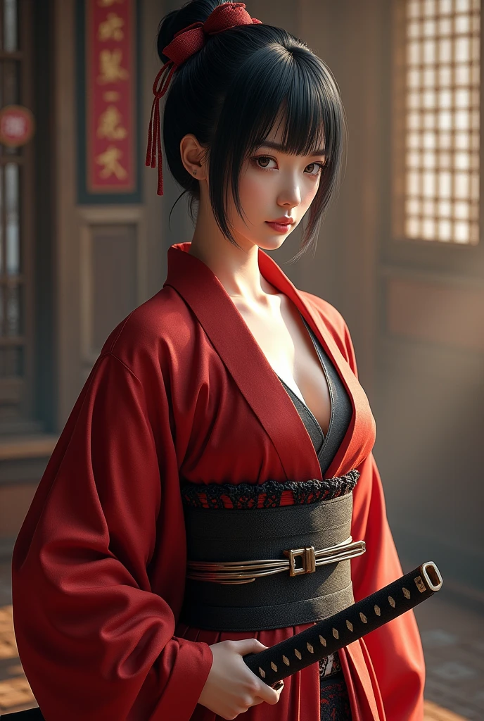 Samurai Girl, Her short black hair was tied back, Wearing a Japanese kimono and hakama, Two Japanese swords are crossed at her waist., ((masterpiece, Highest quality, Best image quality, High resolution, Realistic, RAW Photos, 8k)), ((Highly detailed CG synthesis 8k wallpaper)), (Huge and stunning goddess shot, Very hot and sexy, Incredible beauty, Perfect Proportions, Beautiful body, Slim body beauty:1.4),