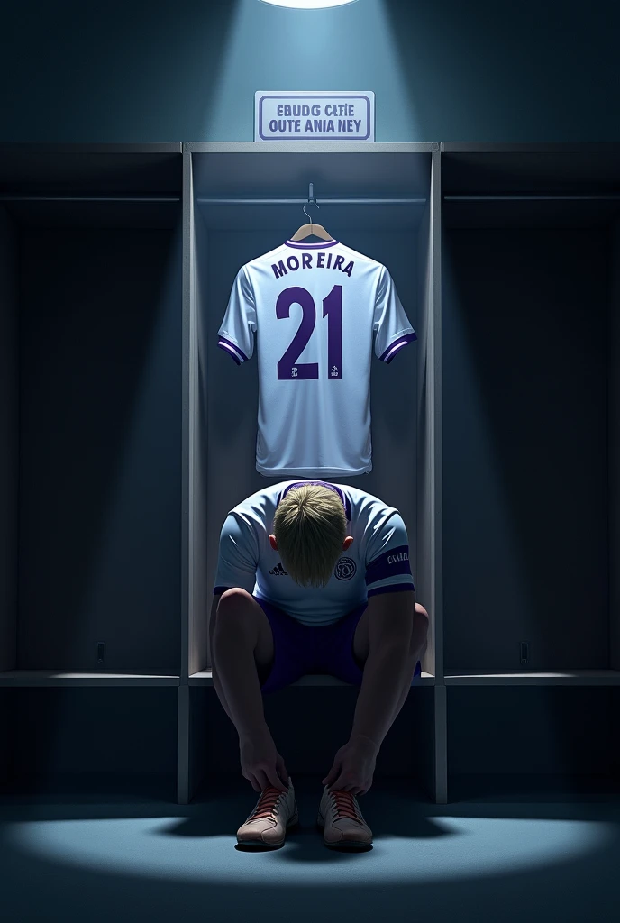 Make an image of ONE player tying his boots alone, with lights completely obscuring his face and him with short, light blonde hair, the locker room is dark and the spotlights are shining on him and the Galados City team, uniform in white and purple colors and I want you to put a shirt behind and on top of it with the number 21 and the name MOREIRA. Make your surroundings completely dark. LET HIM keep his head completely down and focused, and I just want 1 shirt behind him. put the team name “Galados City” on a sign above the shirt and below the spotlight.