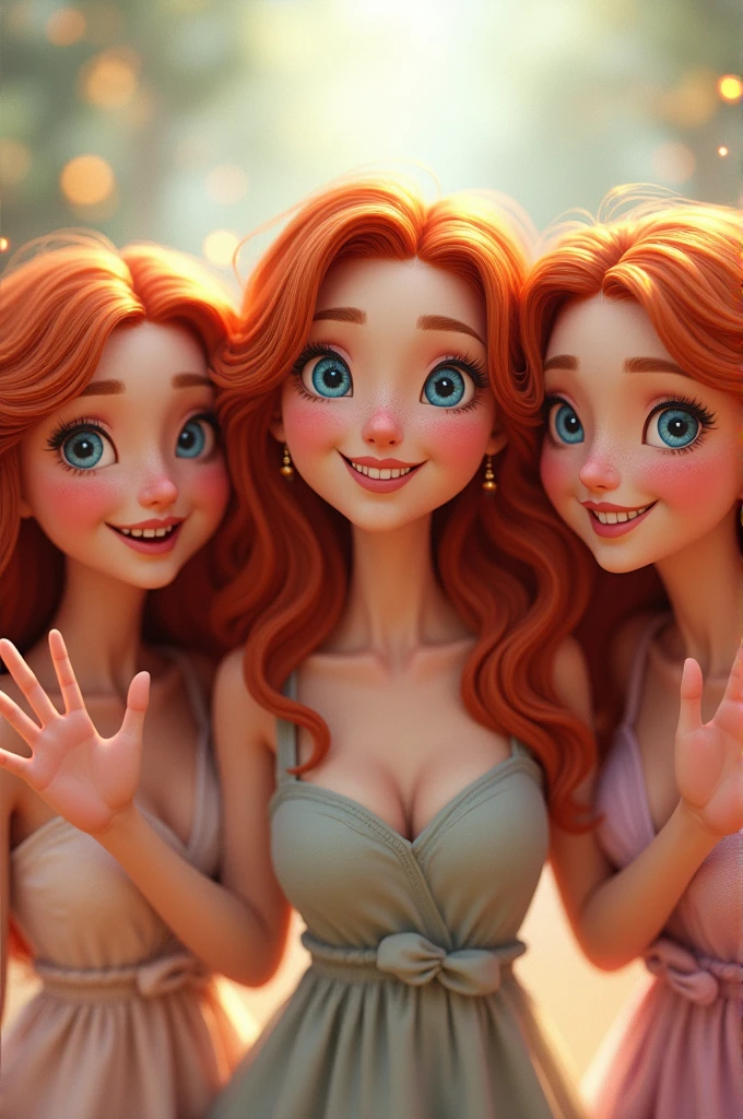 3 redhead woman with big blue eyes, pretty and waving while smiling