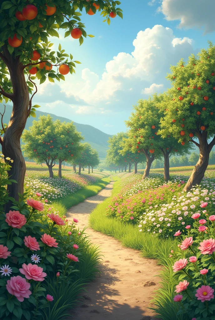  Paysage Verger realiste, en fond un jardin avec des fleurs pastel, des fruits du soleil