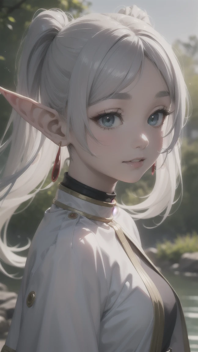 Freiren, 1 girl, long hair, long pointed ears like an elf, silvery white pigtails, jewelry, elf, earrings, capelet, white capelet, black and white striped long sleeve shirt, parted bangs, dress, belt, flowers , (16k, 8K, RAW, best quality, masterpiece 1.2), ultra HD, high resolution, high quality, best quality, (((full body image 1.3))), best quality, ultra high resolution, incredibly absurd, highly detailed, 2.5D, (close up: 1.4), (RAW photo: 1.2), (realistic: 1.4), (masterpiece: 1.3), (best quality: 1.4), ---Pastel color, Bright underwater, Floating, Underwater, Bubbles, Iridescent light rays Underwater, Clothes fluttering,--- perfect anatomy, perfect proportions, nice lighting, bright and vivid colors, clean lines, information, blurred, stunning facial expression, restless emotions, gorgeous and cute, beautiful face and eyes in every detail, (masterpiece) beautiful face, young and handsome girl, really perfect skin, blurred, stunning facial expression, restless emotions, gorgeous and cute, beautiful face and eyes in every detail, (Audrey Hepburn), (cute), (J-POP idol), (thighs, (depth of field), (depth of field), soft light, shining lens gaze, (droopy eyes), straight teeth, shy smile, fluttering hair, a scene from Blake's movie,
