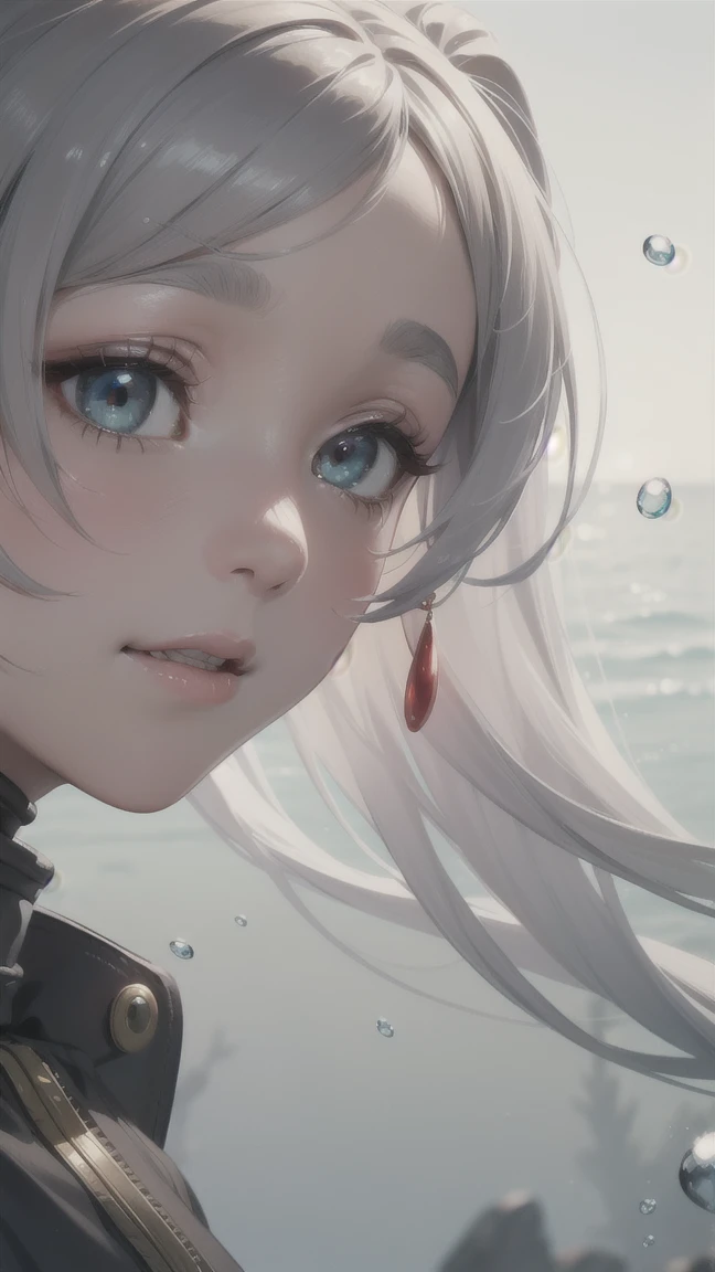 Freiren, 1 girl, long hair, long pointed ears like an elf, silvery white pigtails, jewelry, elf, earrings, capelet, white capelet, black and white striped long sleeve shirt, parted bangs, dress, belt, flowers , (16k, 8K, RAW, best quality, masterpiece 1.2), ultra HD, high resolution, high quality, best quality, (((full body image 1.3))), best quality, ultra high resolution, incredibly absurd, highly detailed, 2.5D, (close up: 1.4), (RAW photo: 1.2), (realistic: 1.4), (masterpiece: 1.3), (best quality: 1.4), ---Pastel color, Bright underwater, Floating, Underwater, Bubbles, Iridescent light rays Underwater, Clothes fluttering,--- perfect anatomy, perfect proportions, nice lighting, bright and vivid colors, clean lines, information, blurred, stunning facial expression, restless emotions, gorgeous and cute, beautiful face and eyes in every detail, (masterpiece) beautiful face, young and handsome girl, really perfect skin, blurred, stunning facial expression, restless emotions, gorgeous and cute, beautiful face and eyes in every detail, (Audrey Hepburn), (cute), (J-POP idol), (thighs, (depth of field), (depth of field), soft light, shining lens gaze, (droopy eyes), straight teeth, shy smile, fluttering hair, a scene from Blake's movie,