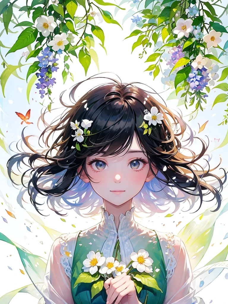 (masterpiece、Highest quality、Highest quality、Beautiful and beautiful:1.2)、Excellent anatomy、（Watercolor painting 1.5）、Long Shot、Straight short hair picture、Trendy Hair Color, Beautiful Face、I close my eyes and pray, Fairy, 蝶のFairyのコスチューム、Pure white、Pure、charm, Colorful flowers of various colors, Flowers and leaves green wind、Botanical Art, Mr.々A pose