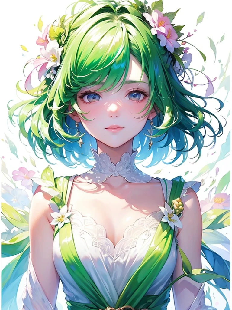 (masterpiece、Highest quality、Highest quality、Beautiful and beautiful:1.2)、Excellent anatomy、(Watercolor painting 1.5)、Long Shot、Straight short hair picture、Trendy Hair Color, Beautiful Face、I close my eyes and pray, Fairy, 蝶のFairyのコスチューム、Pure white、Pure、charm, Colorful flowers of various colors, Flowers and leaves green wind、Botanical Art, Mr.々A pose