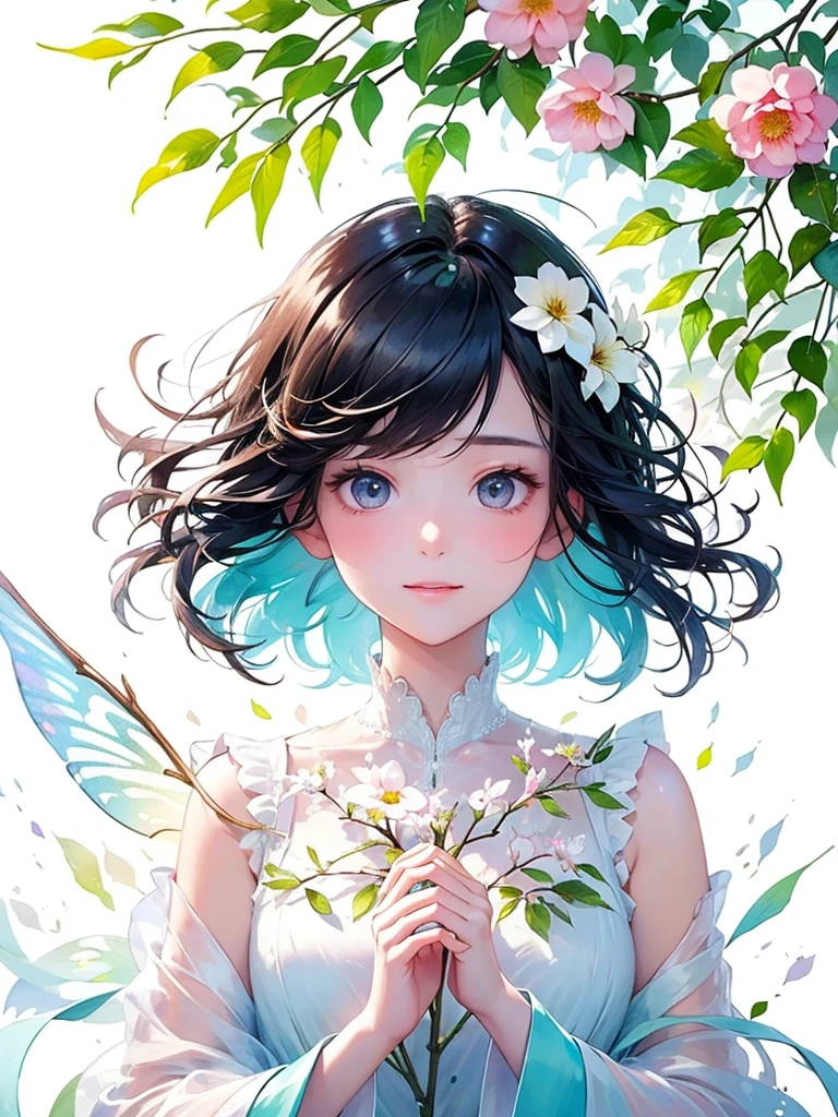 (masterpiece、Highest quality、Highest quality、Beautiful and beautiful:1.2)、Excellent anatomy、(Watercolor painting 1.5)、Long Shot、straight short hair images、Trendy Hair Color, Beautiful Face、Beautiful Smile, I stare at you shyly,A gentle gaze, Fairy, 蝶のFairyのコスチューム、Pure white、Pure、charm, Colorful flowers of different colors, Flower and leaf wind、Botanical Art,