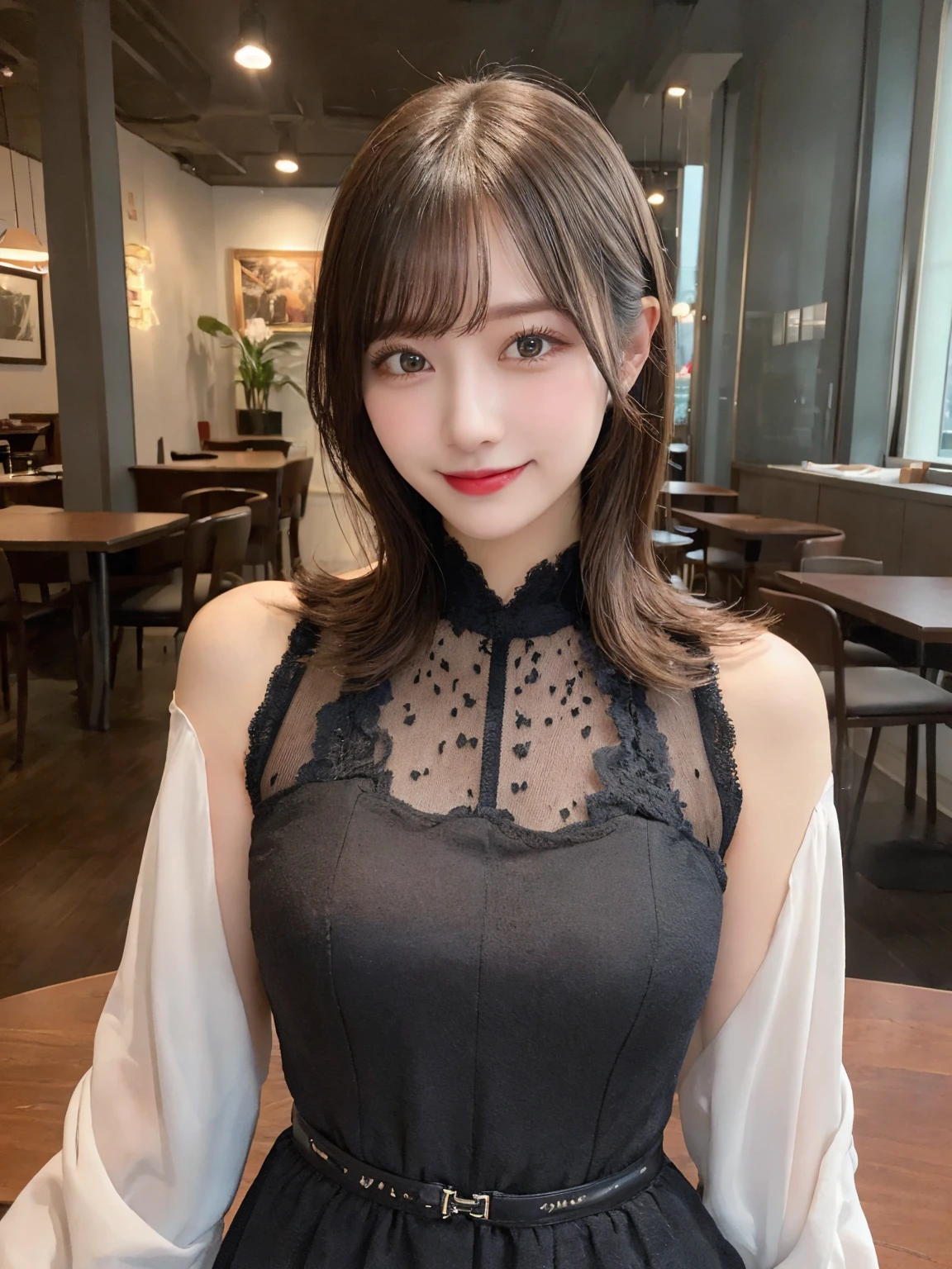 (Very detailed:1.4), Tabletop, Highest quality, figure, In detail, High resolution, 8k wallpaper, Perfect dynamic composition, Beautiful attention to detail, dress,Medium Hair, Center of chest, Natural color lip, Random sexy poses,smile,Tower apartment
