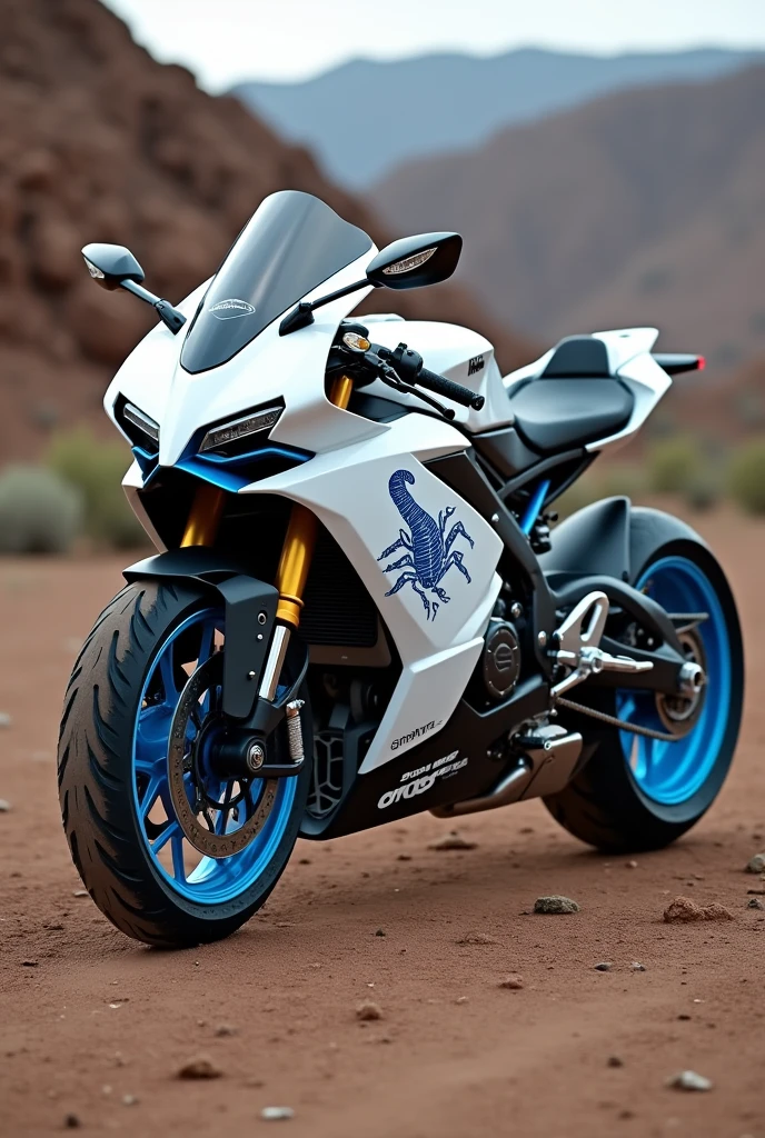 White off-road motorcycle tuned on the sides with an electric blue color and a scorpion design