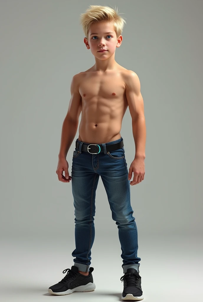 Realistic  shirtless muscular white boy with blonde hair blue eyes wearing very tight jeans tight black leather belt around waist with glowing buckle tennis shoes.