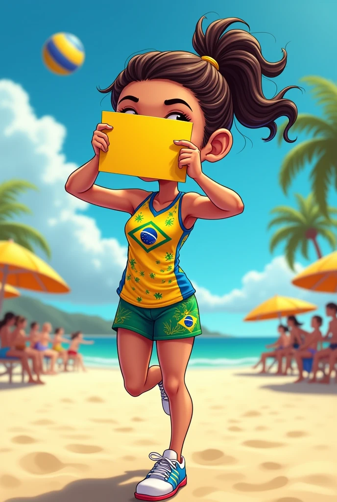 Cartoon girl beach volleyball player with Brazilian equipment and a sign covering her face that says I LOVE ANA PATRICIA