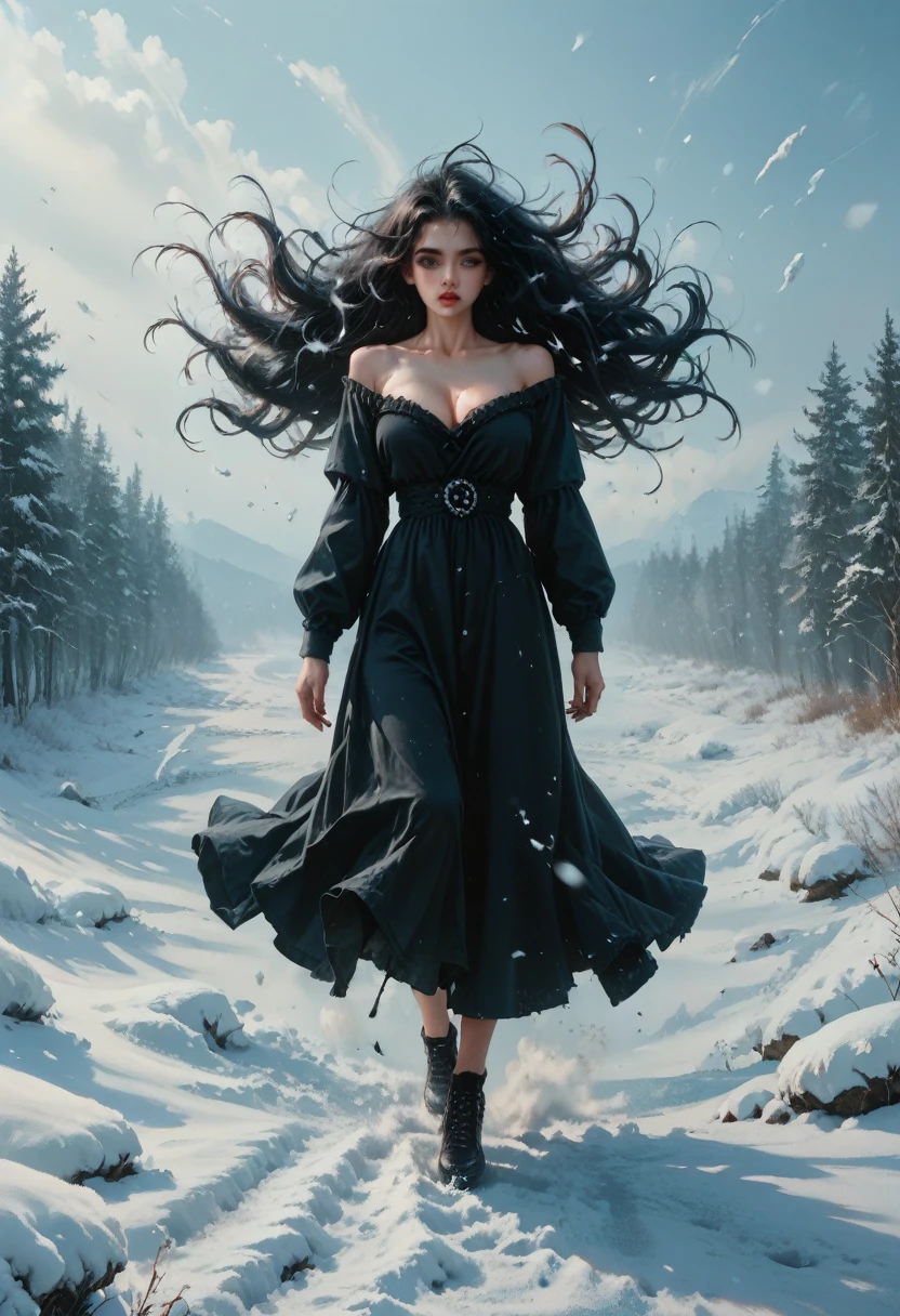 gothic teenager with big breasts with little clothing, in the snow, strong wind, loose hair, full body, beautiful, striking, attractive, well detailed, painted nails, spectacular image