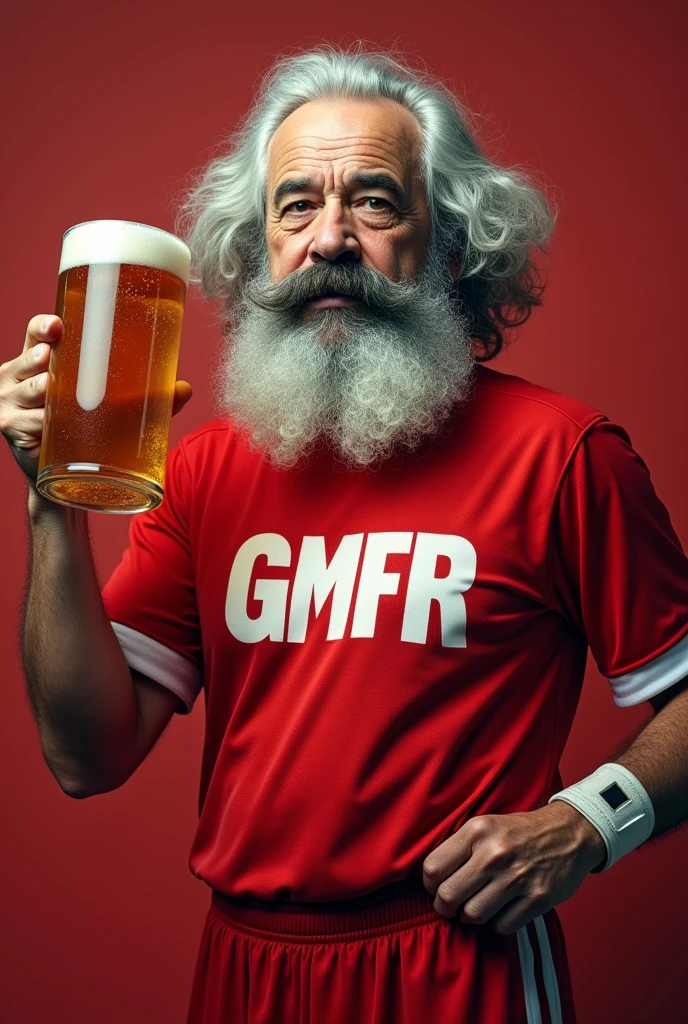 Create an image of Karl Marx holding a beer mug with a red football uniform saying GMFR
