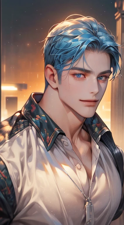 (best quality,4k,8k,highres,masterpiece:1.2),ultra-detailed,(realistic,photorealistic,photo-realistic:1.37),1 man,3,mature man,very handsome,without expression,smile,short blue hair,blue eyes,penetrating gaze,perfect face without errors,imposing posture,businessman,office background,cinematic lighting,hdr image